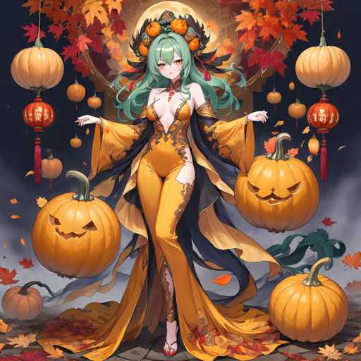 This vibrant, computer-generated image features an anime-style woman with long, wavy green hair adorned with a crown of pumpkins. She is dressed in a striking yellow bodysuit with a deep V-neckline that extends down to her belly button, complemented by a flowing cape that transitions from yellow to black. The woman's ensemble includes a high collar and a necklace with a red gem, adding to her regal appearance. Her footwear consists of elegant white high heels with red accents.

The scene is set against a dark, almost black background, which contrasts beautifully with the autumnal elements surrounding her. Orange and red leaves are scattered around, and she stands on a gray stone floor. To her left and right, jack-o'-lanterns add a festive touch, while additional pumpkins and lanterns hang from the ceiling, enhancing the seasonal atmosphere. The woman's arms are outstretched, and she gazes directly at the viewer, creating a captivating and mysterious aura.