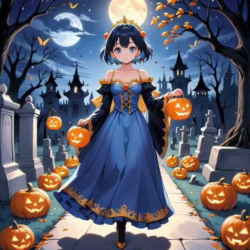 In this captivating Halloween-themed anime illustration, a young girl stands gracefully in the center of a spooky graveyard. She is adorned in a stunning blue dress with intricate gold trim along the bottom hem and sleeves, which are designed to resemble flowing cape material. Her dress features a corset-like bodice with a prominent gold button at the center, adding to her elegant appearance. The girl's short black hair is styled with bangs that partially cover her forehead, and she wears a regal crown atop her head. Her large, expressive blue eyes and small mouth give her a serene expression as she gazes directly at the viewer.

In her hands, she holds two illuminated jack-o'-lanterns, one in each hand, casting a warm glow that contrasts with the eerie surroundings. The ground around her is littered with numerous other jack-o'-lanterns, enhancing the Halloween atmosphere. She stands on a stone pathway that winds through the graveyard, flanked by tall, leafless trees with branches adorned with orange leaves. In the background, a grand castle looms, adding to the mystical ambiance. The night sky is illuminated by a full moon, casting a silvery light over the scene, while a smaller, fainter moon can be seen to the left, completing this enchanting and detailed Halloween setting.