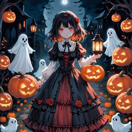 In this captivating Halloween-themed illustration, a young anime girl stands at the center of a spooky night scene. She has shoulder-length black hair adorned with a red rose on the right side and wears a striking black dress with a red corset-like center. The dress features a white collar and white sleeves, and is decorated with red roses along the bottom hem. Her eyes are a vivid orange, adding to her eerie appearance.

The girl holds a glowing jack-o'-lantern in her left hand, which illuminates the surrounding area. The background is a dark, cloudy night with a full moon casting an otherworldly glow. Behind her, a row of tall, old-fashioned houses with lit windows stretches into the distance, accompanied by a few trees. Ghosts and jack-o'-lanterns float around her, enhancing the Halloween atmosphere. The scene is rich with colors, including black, white, orange, red, blue, and green, creating a vivid and detailed depiction of a Halloween night.