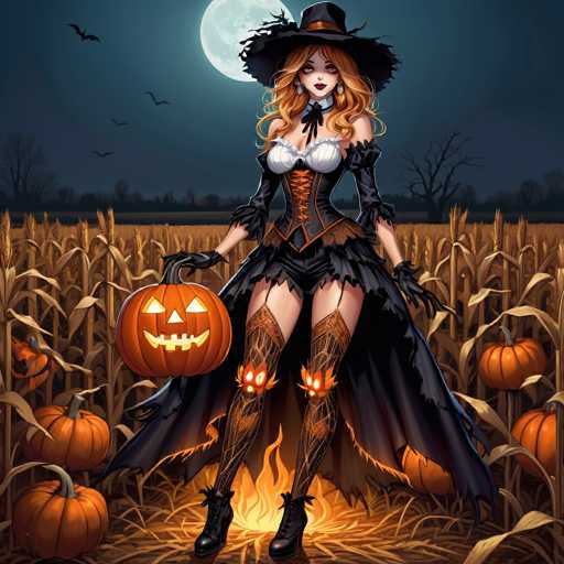 The image depicts a detailed, computer-generated Halloween scene featuring a young woman standing in the middle of a cornfield at night. She is dressed in a striking, gothic-inspired outfit that includes a black witch's hat adorned with a brown ribbon, a corset-like top with white bustiers, and a black skirt. Her ensemble is completed with long, black gloves that extend to her elbows, black stockings with orange flames at the knees, and black boots. The woman has long, curly blonde hair and is holding a large, illuminated jack-o'-lantern in her right hand. She stands on a small fire, surrounded by numerous orange pumpkins scattered throughout the cornfield. The background showcases a dark, night sky with a large, glowing full moon partially obscured by her hat, and several black bats flying across it. The scene is set against a backdrop of leafless trees, enhancing the eerie, Halloween atmosphere.