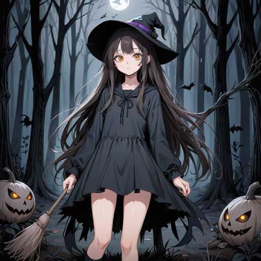 In this captivating Halloween-themed anime illustration, a young girl stands at the center of a spooky forest. She is dressed in a classic witch's costume, complete with a wide-brimmed black hat adorned with a purple ribbon. Her long, flowing black hair cascades down to her waist, framing her large, expressive orange eyes. She wears a black dress that reaches her thighs, featuring a bow tie at the neckline and long sleeves. In her right hand, she holds a broomstick, adding to her witch-like appearance.

The background sets a haunting scene with a full moon casting an eerie glow over the forest. The trees are bare, their dark silhouettes stretching upwards, while a few black bats flutter ominously in the air. On the ground, two jack-o'-lanterns with glowing orange eyes and jagged teeth add to the spooky atmosphere. The moonlight illuminates the girl's face and chest, highlighting her delicate features and the intricate details of her costume. The overall composition creates a sense of mystery and enchantment, perfectly capturing the essence of Halloween.