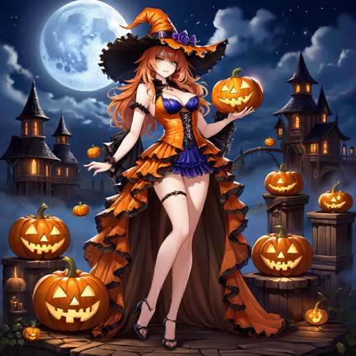 In this captivating Halloween-themed image, a striking female character stands poised on a wooden platform. She is adorned in a vibrant orange dress with black frills, complemented by a purple corset and a matching purple skirt. Her ensemble is completed with a black witch's hat embellished with a purple flower, and her long, flowing red hair cascades down her back. She wears black high heels and a garter on her right leg, adding to her allure. The character's pose is confident, with one hand resting on her hip and the other holding a glowing jack-o'-lantern. Surrounding her are numerous orange pumpkins, some placed on the ground and others on wooden posts. The backdrop features a dark, starry sky with a large, luminous moon, and two eerie, lit-up houses with black roofs and windows. The scene is shrouded in fog, enhancing the spooky atmosphere.