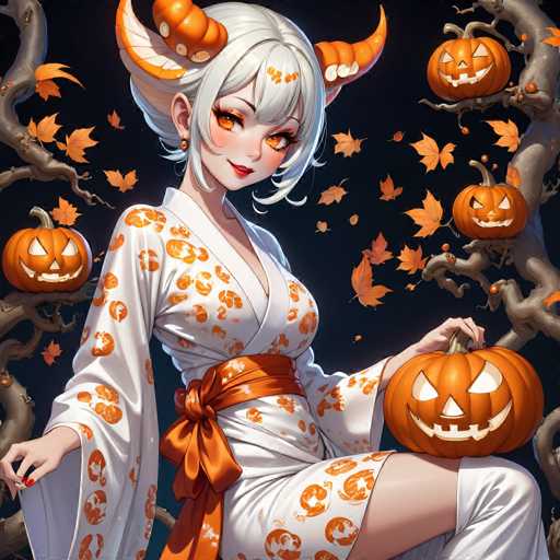 This image features a detailed, computer-generated illustration of an anime-style female character set against a dark, almost black background. The character, who has white skin and striking orange eyes, is dressed in a traditional white kimono adorned with orange jack-o'-lanterns. She has white hair styled in a bun, with two pumpkins serving as horns protruding from the sides of her head. Her attire includes an orange sash tied around her waist, and she is seated with her legs crossed, holding a jack-o'-lantern in her lap. The scene is further enhanced by a tree on the right side of the image, its branches extending into the frame and adorned with additional jack-o'-lanterns. Orange leaves are depicted falling around the character, adding to the autumnal atmosphere. The overall composition is rich in detail, with the character's vibrant features and the seasonal elements creating a visually captivating scene.