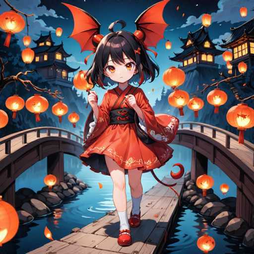 This detailed illustration depicts a young anime girl standing on a wooden bridge over a serene river. She is dressed in a traditional Japanese kimono, predominantly red with intricate gold and black patterns adorning the sleeves and bottom hem. The kimono features a black sash with red writing, adding to its ornate appearance. Her attire is complemented by white socks and red shoes, and a distinctive red tail extends from her back.

The girl has shoulder-length black hair, with bangs partially covering her forehead, and her large, expressive eyes are a striking yellowish-brown. She wears a small red bow in her hair, and two red wings sprout from the top of her head, adding a fantastical element to her appearance.

The wooden bridge she stands on is flanked by two additional bridges on either side, all spanning the calm river. The scene is illuminated by numerous orange lanterns hanging from trees and buildings, casting a warm glow over the entire setting. In the background, traditional Japanese-style buildings with black roofs and white walls are visible, enhancing the cultural ambiance of the illustration.