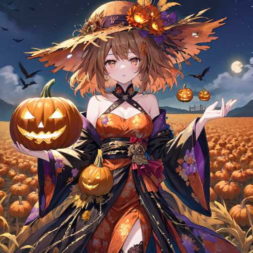 The image depicts a detailed, computer-generated scene featuring an anime-style girl standing in a vast pumpkin field under a dark, starry night sky. The girl, who has light brown hair and light brown eyes, is dressed in a traditional Japanese kimono adorned with orange and purple flowers, and a black sash tied around her waist. She wears a wide-brimmed straw hat decorated with orange and purple flowers, and a black shawl with purple accents draped over her shoulders. In her right hand, she holds a large, orange jack-o'-lantern with a green stem, while her left hand is raised, palm up, as if she is about to place another smaller jack-o'-lantern on a pedestal in front of her. The background reveals a full moon, a scattering of clouds, and several black birds flying in the sky. The pumpkin field stretches out behind her, filled with rows upon rows of orange pumpkins, creating a rich, autumnal atmosphere.