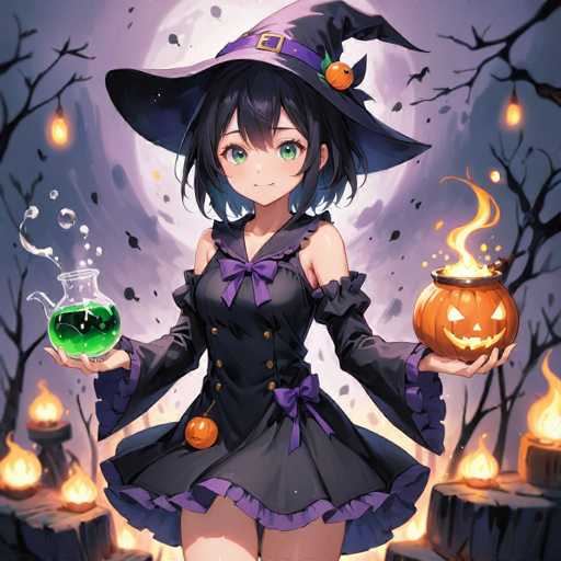 In this captivating Halloween-themed anime illustration, a young girl stands poised in the foreground, exuding an air of playful mischief. She is adorned in a classic witch's costume, complete with a large, black hat that features a purple band and a small orange pumpkin perched on the brim. Her outfit is a striking ensemble of black and purple, with a short dress that has long sleeves and a purple bow accentuating her waist. The dress is further embellished with a purple collar and a matching purple bow at the neckline.

In her left hand, she holds a glowing jack-o'-lantern that emits a fiery light, while her right hand grasps a glass beaker filled with bubbling green liquid, adding to the magical atmosphere. A small orange pumpkin hangs from her dress, enhancing the Halloween spirit.

The background sets a spooky scene with a large, luminous full moon casting an eerie glow over the landscape. Dark, leafless trees frame the scene, their barren branches adorned with hanging lanterns that emit a warm, flickering light. Scattered around the ground are stumps of trees, each topped with a jack-o'-lantern that casts its own flame, contributing to the overall ambiance of this enchanting Halloween night.