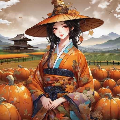 This captivating image portrays a young woman standing amidst a vibrant pumpkin patch, her presence exuding grace and charm. She is adorned in a stunning orange kimono, intricately detailed with a harmonious blend of blue and orange accents. The kimono features a beautifully designed sash, adorned with an elegant blue peacock motif, adding a touch of sophistication to her attire. Her long, flowing black hair cascades down her back, complementing her serene expression. She wears a wide-brimmed hat, reminiscent of a traditional Chinese style, adorned with an array of orange and yellow flowers, enhancing her overall elegance. The hat's brim is decorated with a striking blue peacock motif, further harmonizing with her kimono. Her hands are poised gracefully in front of her, exuding a sense of poise and composure. The background reveals a picturesque landscape, with a house nestled in the distance, surrounded by lush greenery and a serene sky. The scene is bathed in warm, orange hues, suggesting the golden glow of the setting sun, adding a touch of magic to this already enchanting image.