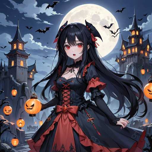 This detailed illustration features a gothic anime-style girl set against a dark, eerie backdrop. The girl has long, flowing black hair adorned with red ribbons and red highlights, and her striking red eyes add to her mysterious allure. She is dressed in a black dress with red frills and a red bow at the waist, complemented by a choker necklace. In her right hand, she holds a jack-o'-lantern lantern, while her left hand rests by her side. The scene is bathed in the glow of a full moon, casting an ethereal light over the girl's face. Surrounding her are two ominous castles, one on each side, both illuminated with orange lights that pierce the night. The sky is filled with black bats, adding to the spooky atmosphere. The entire image is rendered in a square format, enhancing the symmetrical composition of the gothic elements.