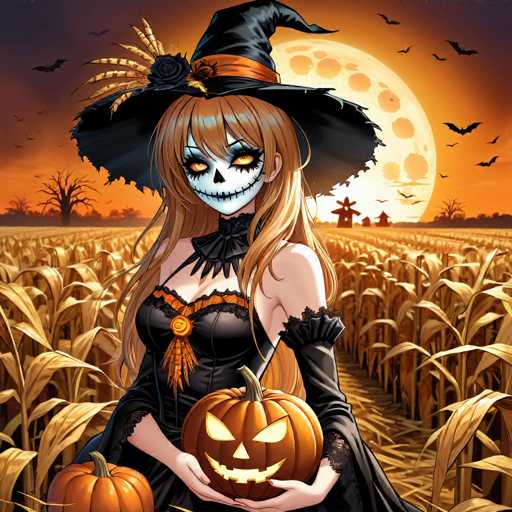 This detailed illustration depicts a hauntingly beautiful young woman standing in the middle of a vast cornfield at night. She has long, flowing brown hair and wears a striking black witch's hat adorned with an orange band and a black rose. Her face is painted white with vivid orange eyes, a black nose, and a stitched mouth, reminiscent of the iconic character from "The Nightmare Before Christmas." She is dressed in a black corset with an orange band and lace sleeves, complemented by a black choker. In her hands, she holds a large jack-o'-lantern, and another rests at her feet. The background features a full moon with orange splotches, casting an eerie glow over the scene. Scattered around her are leafless trees, and in the distance, silhouettes of gravestones and a bat flying across the moon add to the spooky atmosphere. The entire scene is bathed in an orange hue, enhancing the Halloween-like ambiance.