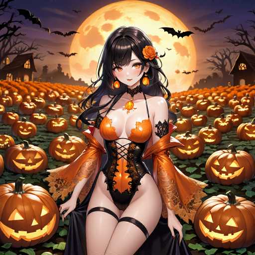 The image depicts a detailed, computer-generated scene of a young woman standing in the middle of a vast pumpkin field at night. The sky is a deep blue, almost black, with a large, glowing full moon casting an eerie light over the landscape. The woman, who has long black hair adorned with an orange flower, is dressed in a revealing, Halloween-themed outfit. She wears a black corset with orange accents, a black choker necklace featuring an orange gem, and orange earrings. Her attire includes black garter stockings and a flowing black skirt. She stands with her legs crossed, looking directly at the viewer with orange eyes. Surrounding her are numerous jack-o'-lanterns, some glowing with an internal light, adding to the spooky ambiance. In the background, there are two houses flanking the scene, and several black bats can be seen flying across the moonlit sky. The overall atmosphere is both haunting and enchanting, perfectly capturing the essence of Halloween.