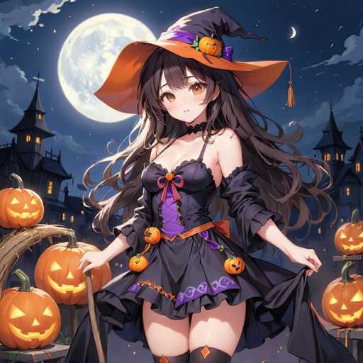 In this captivating Halloween-themed anime illustration, a young woman stands at the center, embodying the spirit of the season. She is adorned in a striking black dress with a purple corset, accentuated by an orange ribbon tied around her waist. Her attire is complemented by a large, whimsical witch's hat, featuring a purple band and an orange brim, adorned with a small pumpkin and a tassel. Her long, flowing black hair cascades down her back, adding to her enchanting appearance.

The woman's dress is further embellished with a string of small pumpkins hanging from her waist, enhancing the festive atmosphere. She holds a broomstick in her right hand, while her left hand grasps the edge of her dress, as if she is about to take flight. Her legs are partially visible, clad in thigh-high boots decorated with orange diamonds.

The background sets a spooky scene with a large, luminous full moon casting its glow over the landscape. To the left, a bridge is adorned with glowing jack-o'-lanterns, while to the right, a table also holds more illuminated pumpkins. The sky is dotted with stars and wispy clouds, and silhouettes of eerie houses with glowing windows loom in the distance, completing this atmospheric Halloween tableau.