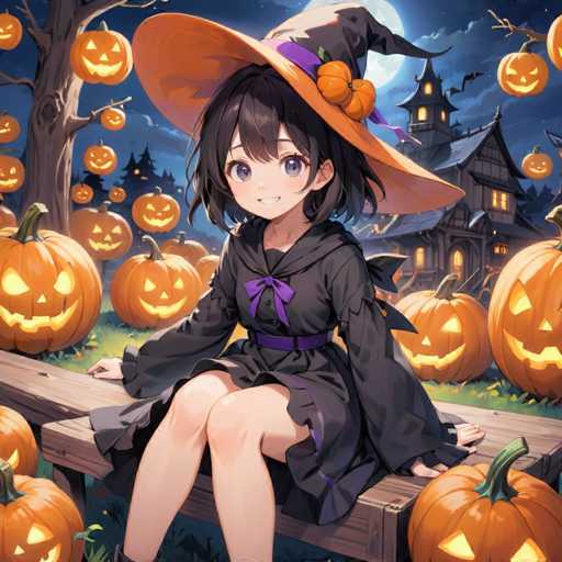 A young girl with black hair and a purple bow sits on a bench surrounded by numerous carved pumpkins of various sizes and colors, including orange, yellow, green, and white. The girl is wearing an orange and purple witch's hat and a black dress.
