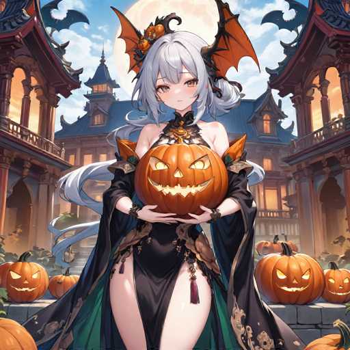 In this captivating Halloween-themed anime illustration, a young woman stands at the center, exuding an eerie charm. She is adorned in a striking black dress that features a daring slit up to her thighs, revealing her legs. The dress is intricately designed with a low neckline that dips down to her chest, and it is embellished with tassels hanging from the sides. Her long, flowing gray hair cascades down her back, adding to her ethereal appearance.

Perched atop her head is a whimsical pumpkin hat, complete with bat wings extending from either side, enhancing the Halloween atmosphere. She holds a large jack-o'-lantern in her hands, its menacing eyes and mouth glowing with an inner light, casting a sinister glow. Her gray eyes mirror this eerie illumination, adding to her haunting allure.

The backdrop features a grand, multi-story mansion with numerous windows, each one emitting a warm, yellow light that contrasts with the dark night. The mansion's roof is a deep blue, and a large, luminous moon hangs in the sky, casting a silvery glow over the scene. Surrounding the woman are several more jack-o'-lanterns, scattered on the ground and atop a stone wall, further emphasizing the Halloween theme. The entire composition is rich in detail, creating a vivid and atmospheric depiction of a spooky, yet enchanting, night.