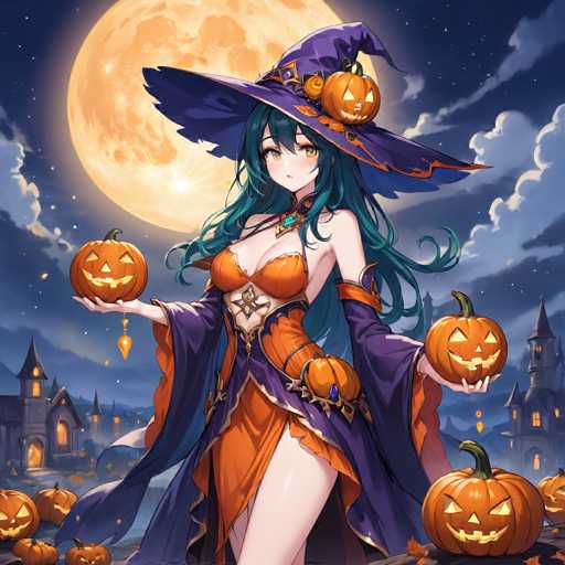 A woman dressed as a witch stands in front of a full moon and a castle with multiple towers on the right side of the image. She is wearing an orange dress that contrasts with her blue hair and purple hat adorned with a gold emblem. The woman holds three carved pumpkins, each one glowing with a jack-o-lantern face.