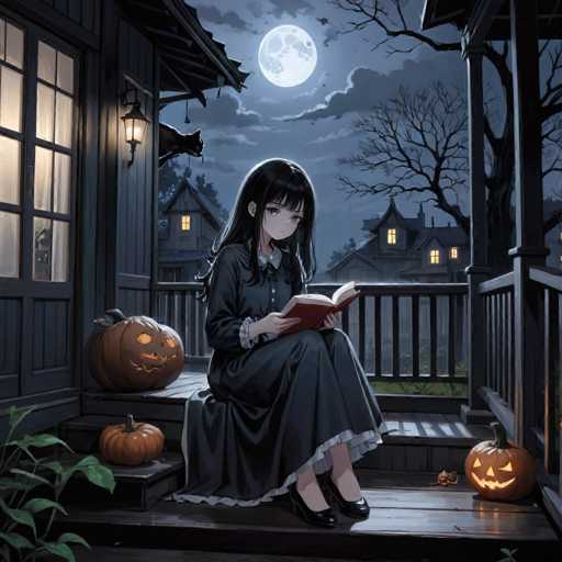 In this captivating Halloween-themed anime illustration, a young girl sits on the porch of a dark gray house, engrossed in a red book. She is dressed in a long-sleeved black dress with a white collar and white cuffs, paired with black shoes. Her long black hair cascades down as she reads. Surrounding her are three jack-o'-lanterns: one on the ground to her left, another on the steps to her right, and a third on the steps behind her. The porch is bordered by a wooden railing, and a cat perches on it, gazing at the girl. The scene is illuminated by the moonlight, casting a silvery glow over the house and the girl's dress. In the background, two other houses with lit windows are visible, adding to the eerie ambiance. The sky is a deep blue, dotted with clouds, and a leafless tree stands ominously in the distance.
