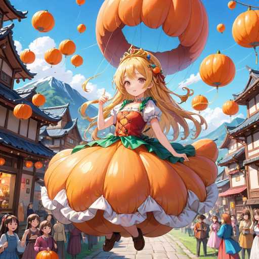 In this vibrant, AI-generated image, a young anime girl with long blonde hair and bangs is depicted floating in mid-air. She is adorned with a crown and wears a dress that resembles a pumpkin, complete with a green ribbon around her waist and a white frilly underskirt. Her outfit is further detailed with a corset-like top featuring a red and yellow pattern. The girl's right hand is raised in a thumbs-up gesture, while her left hand rests on her dress. She is wearing brown shoes.

Surrounding her are numerous pumpkin-shaped lanterns, adding a whimsical touch to the scene. The background reveals a picturesque mountain range with snow-capped peaks, under a clear blue sky dotted with white clouds. Below, a quaint town with traditional Japanese architecture is visible, characterized by buildings with curved roofs and wooden structures. The cobblestone street is lined with people, some of whom are gazing up at the floating girl, while others look towards the camera. The overall atmosphere is one of enchantment and wonder, blending elements of fantasy with a serene, picturesque setting.