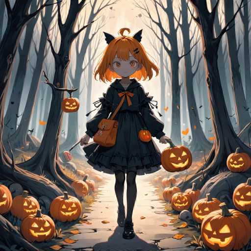 In this captivating anime-style illustration, a young girl with vibrant orange hair and striking orange eyes stands at the center of a hauntingly beautiful autumn forest. She is dressed in a dark blue dress adorned with a bow at the neck, complemented by black stockings and shoes. Her ensemble is completed with black cat ears perched atop her head, adding a whimsical touch to her appearance. 

The girl is holding a glowing jack-o'-lantern in her left hand, while her right hand grasps a stick that appears to be a wand, topped with a small red and white striped candy. A brown purse hangs from her shoulder, resting on her hip. Surrounding her on the ground are numerous other glowing jack-o'-lanterns, casting an eerie light that enhances the mystical atmosphere.

The forest around her is dense with bare trees, their branches reaching out like gnarled fingers. Orange butterflies flutter gently through the air, adding a touch of delicate beauty to the scene. The ground beneath her feet is a cracked stone path, leading the viewer's eye deeper into this enchanting and slightly eerie woodland setting.