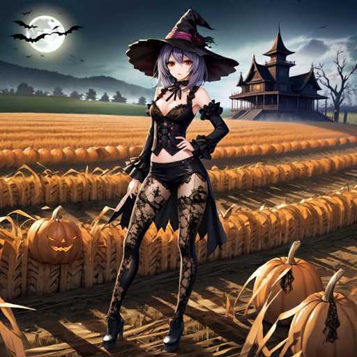 In this captivating Halloween-themed image, an anime-style witch stands confidently in the foreground of a vast pumpkin field. She is adorned in a striking ensemble featuring a black witch's hat with a purple ribbon and a rose, a black corset, black lace stockings, and black high heels. Her gray hair cascades down, and she wears a mischievous smile as she gazes directly at the viewer. The scene is set under a full moon, casting a silvery glow over the landscape, with several bats flying around it. In the background, a dark, eerie house looms, adding to the spooky atmosphere. The sky is a deep blue, enhancing the night's mysterious ambiance. Scattered pumpkins, including a carved jack-o'-lantern, further emphasize the Halloween theme, while the moonlight illuminates the field, creating a hauntingly beautiful and detailed scene.