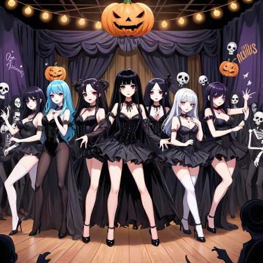 In this captivating Halloween-themed anime scene, a group of seven young women stand in a line, each adorned in a striking black dress. The central figure, with long black hair, commands attention in a short black dress that features a frilly skirt and a corseted top. Her ensemble is completed with black high heels, and she stands confidently with her legs apart. To her left, a woman with vibrant blue hair and a black dress that includes a corseted top and a frilly skirt, paired with black stockings and high heels, adds a splash of color to the group. Next to her, another woman with long black hair wears a similar black dress, also complemented by black stockings and high heels. On the far left, a woman with long black hair dons a black dress with a frilly skirt and white stockings, her look finished with black high heels. 

Behind them, a backdrop of purple curtains frames the scene, with a large jack-o'-lantern hanging from the ceiling, casting a spooky glow. The ceiling is adorned with string lights, adding a festive touch. Flanking the group of women are two more women, each with long black hair and dressed in identical black dresses, creating a sense of symmetry and unity. To the right, a woman with long white hair and a black dress stands out, her outfit completed with white stockings and black high heels. Further to the right, another woman with long black hair wears a black dress, black stockings, and black high heels, maintaining the cohesive yet diverse aesthetic of the group.

In the background, a line of skeleton figures and a couple of ghosts add to the eerie atmosphere, while the silhouettes of audience members can be seen at the bottom of the image, suggesting that this group is performing on stage. The entire scene is a perfect blend of spooky and stylish, capturing the essence of Halloween in an anime setting.