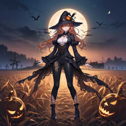 This detailed illustration depicts a young woman in a Halloween-themed setting, rendered in a style reminiscent of anime or manga. She stands in a field of tall, yellowish-brown corn, with two glowing jack-o'-lanterns flanking her—one on the left and one on the right. The woman is dressed in a striking black witch's costume, complete with a long, frilly dress that flares out at the bottom, and a corset-like top. Her outfit is accentuated by black tights and black boots. She wears a tall, black witch's hat adorned with an orange pumpkin and a black feather. Her long, wavy brown hair cascades down her back, and her eyes are a vivid orange. 

Behind her, the sky is a deep blue, filled with ominous black clouds and silhouettes of bats. A large, glowing full moon dominates the center of the sky, with a smaller crescent moon visible in the upper right corner. In the background, a house with a windmill and several crosses—likely indicating a graveyard—complete the eerie scene. The overall atmosphere is dark and mysterious, perfectly capturing the essence of Halloween.