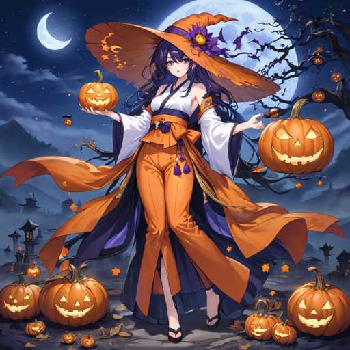 In this captivating Halloween-themed anime illustration, a young woman stands poised in a traditional kimono, exuding an air of mystery and elegance. Her attire features a striking combination of orange pants and a white top, complemented by an orange obi sash adorned with delicate purple tassels. She wears a wide-brimmed hat, predominantly orange with a purple flower embellishment, adding a touch of whimsy to her ensemble. Her long, flowing black hair cascades down her back, framing her face beautifully.

In her right hand, she holds a glowing jack-o'-lantern, while her left hand points towards another illuminated jack-o'-lantern hanging from a gnarled tree branch. The scene is rich with Halloween elements, including numerous jack-o'-lanterns scattered on the ground around her and a large, luminous moon looming in the background. The night sky is dotted with stars, enhancing the eerie yet enchanting atmosphere. To the left, a traditional Japanese-style building adds a cultural depth to the setting. The overall composition is a harmonious blend of traditional Japanese aesthetics and Halloween spookiness, creating a visually stunning and immersive image.