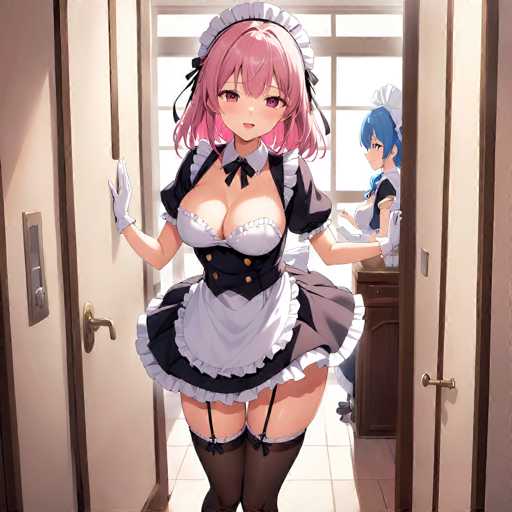In this captivating anime scene, two women are depicted in a maid outfit, standing in a doorway. The woman in the foreground, with striking pink hair, is dressed in a black maid dress adorned with white frills and an apron. Her attire is complemented by black stockings, garters, and white gloves. She has a fair complexion and pink eyes, and her expression is one of surprise as she gazes directly at the viewer. The second woman, positioned slightly behind and to the right, has blue hair and is also wearing a maid outfit. She is looking towards the left side of the image, adding a sense of intrigue to the scene. The doorway they stand in features a white door with a gold handle, and the walls are painted a light brown. The floor is tiled in white, and a window is visible in the background, enhancing the domestic setting. The overall composition creates a vivid and engaging moment, drawing the viewer into the story.