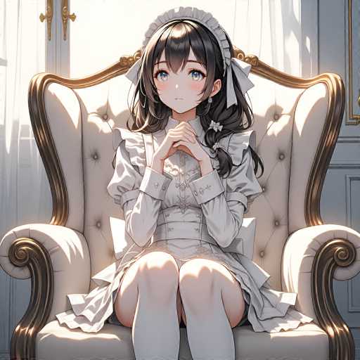 The image depicts a detailed anime-style drawing of a young woman seated in an ornate chair. The chair, which is upholstered in a cream-colored fabric, features intricate gold trim and a cushioned back adorned with buttons. The woman has long, dark hair with bangs that partially cover her blue eyes, and she wears a white bonnet-like headpiece with a bow on the left side. Her attire is a frilly, white dress with puffy sleeves, a corset-like bodice, and a short skirt that reveals her legs. She sits with her hands clasped together in front of her, and her expression is one of concern or worry. The background includes a white door with gold trim and a white curtain, adding to the elegant and somewhat somber atmosphere of the scene.