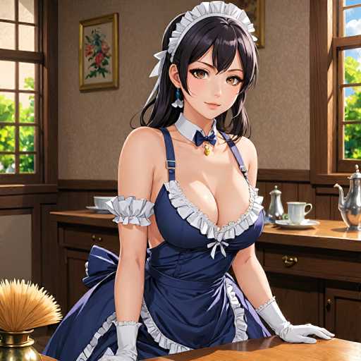The image depicts a detailed, computer-generated illustration of a young woman in a maid outfit, reminiscent of an anime character. She has long, dark hair with bangs that partially cover her face, and she is wearing a white headband. Her large, expressive brown eyes are accentuated with heavy eye makeup, and she has a slight smile on her face. Around her neck is a white collar adorned with a blue bow tie and a small gold bell.

Her maid outfit consists of a blue dress with white frills and lace detailing, particularly around the shoulders and sleeves. The dress features a low-cut neckline that reveals a significant amount of cleavage. She is also wearing white gloves that extend up to her elbows.

The setting appears to be a kitchen, with the woman standing behind a wooden table. In the background, there is a countertop with a teapot, a coffee cup, and a sugar bowl. The walls are decorated with wallpaper, and there are windows on either side of the scene, through which green trees can be seen outside. The overall composition and style suggest that this image is a digital creation, possibly AI-generated.