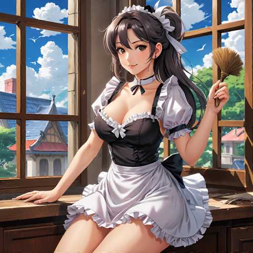 The image depicts a detailed, anime-style illustration of a young woman with long, dark gray hair adorned with a white ribbon. She is dressed in a revealing maid outfit, featuring a black corset with white frills and a white skirt that is short and ruffled, revealing her legs. The corset is accentuated with black straps over her shoulders and a black bow at the front. Around her neck, she wears a white choker with a black bow. The woman is seated on a wooden desk, her left hand holding a small broom, while her right hand rests on the desk. She gazes directly at the viewer with large, expressive eyes and a slight smile. The background showcases a large window with a wooden frame, through which one can see a blue sky dotted with white clouds, the rooftops of nearby buildings, and some trees. The overall scene is bright and clear, with ample natural lighting enhancing the vivid details of the illustration.