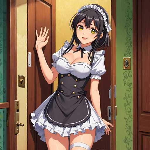 In this detailed anime-style illustration, a young woman stands in the doorway of a room, framed by two wooden doors. The door on the right is painted green with a gold handle, while the door on the left is a lighter brown with a silver handle. The woman, who has long black hair adorned with a white ribbon, is dressed in a maid outfit. Her attire includes a white collar, a black bow tie, a white frilly top, and a black corset with gold buttons. She also wears a white skirt with a frilly hem and white stockings. The room's walls are painted in a mix of yellow and green, adding to the vibrant atmosphere. The woman is smiling warmly and looking directly at the viewer, with her right hand raised in a friendly wave.