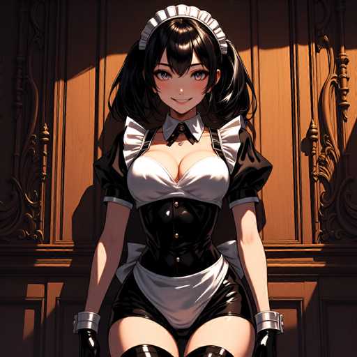 The image features a detailed illustration of an anime-style maid character. She has long, black hair styled into pigtails, with bangs framing her face. Her large, expressive eyes are a striking blue, and she has a small, delicate nose and a tiny mouth. The character is dressed in a classic maid outfit, consisting of a white cap, a black and white dress, and black gloves. The dress includes a corset-like front with three buttons, and she also wears a white apron. Her legs are adorned with black stockings that extend up to her thighs. The character is seated on a wooden bench, with a wooden wall serving as the backdrop. The wall is decorated with intricate carvings on either side of the bench, adding a touch of elegance to the scene.