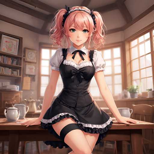 This image features an anime-style girl with striking pink hair styled into two pigtails, each adorned with black ribbons. She has large, expressive green eyes and a small, delicate nose. Her attire is a black maid outfit, complete with a white collar, a black bow tie, and a short skirt that reveals her legs. A black garter is visible on her right leg. She is seated on a brown table, with her hands resting on either side. The table is set with a white teapot and teacups, adding to the domestic scene. Behind her, a bookshelf filled with books and a clock on the wall can be seen, along with windows that let in natural light. The room has a cozy, homey atmosphere, enhanced by the presence of plants and additional teacups on a nearby table.