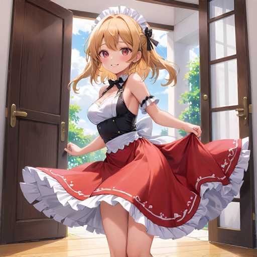 In this vibrant anime-style illustration, a young woman with long, wavy blonde hair adorned with a black bow stands gracefully in a room with open wooden doors. She is dressed in a striking maid outfit, featuring a red skirt with white frills and a black corset-like top with white frills at the shoulders. Her ensemble is completed with a white cap, also accented with a black bow. The character's expressive eyes are a captivating blend of pink and red, and she wears a gentle smile. She holds the skirt of her dress with both hands, revealing her legs beneath. The room's wooden floor and the doors' gold handles add a touch of elegance to the scene. Through the open doors, a serene view of a blue sky dotted with white clouds and lush green trees can be seen, enhancing the overall tranquil and picturesque atmosphere of the image.