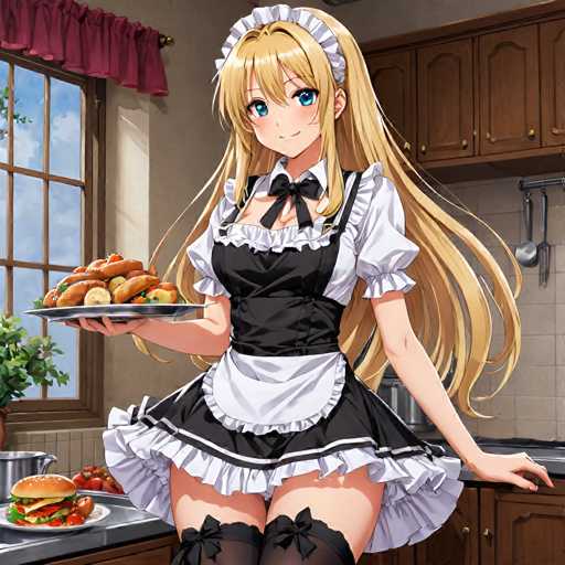 In this vibrant and detailed anime-style illustration, a young woman stands in a kitchen, exuding charm and elegance. She has long, flowing blonde hair adorned with a delicate white headband, and her large, expressive blue eyes capture attention. Her attire is a striking black and white maid outfit, complete with a short skirt that reveals her legs, and thigh-high stockings featuring black bows at the top. She wears a white collared shirt with a black bow tie, adding a touch of sophistication to her ensemble.

The woman is holding a silver tray laden with an assortment of food, including a hamburger, a plate of donuts, and a bowl of fruit, suggesting she is serving a meal. Her left hand rests on the kitchen counter, which is cluttered with various items, including a hamburger, a bowl of fruit, and a silver pot. The kitchen backdrop features brown cabinets and a tiled wall, with a window on the left side that offers a glimpse of the blue sky outside. A small plant sits on the windowsill, adding a touch of greenery to the scene. The overall composition is rich in detail, creating a lively and inviting atmosphere.