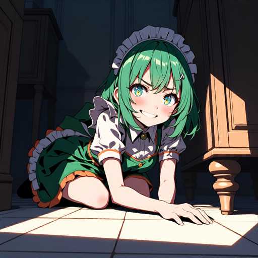 In this captivating image, a young girl is depicted in a detailed anime style, kneeling on a white tiled floor. She is dressed in a charming maid outfit, featuring a green dress with white short sleeves and a white collar. The dress is adorned with orange trim along the bottom hem and the edges of the sleeves, adding a vibrant touch to her attire. Over the dress, she wears a green apron that complements her outfit. Her ensemble is completed with a white cap, reminiscent of a traditional maid's headdress.

The girl has striking green hair that falls just below her shoulders, framing her face. Her large, expressive blue eyes are accentuated by a blushing hue on her cheeks, giving her a sweet and innocent expression. She is smiling warmly, her teeth visible, and her gaze is directed towards the right side of the image.

The setting around her includes a wooden table to her right, adding a rustic element to the scene. The background is dimly lit, with the only source of light streaming in from the right side, casting a gentle glow on the girl and the floor. This lighting creates a dramatic contrast, highlighting the girl's features and the texture of the tiles. The overall composition of the image draws attention to the girl's cheerful presence amidst the shadowy surroundings.