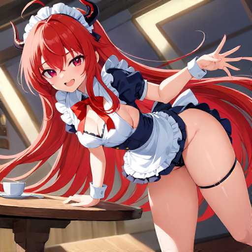 This image features a detailed drawing of an anime-style woman with long, flowing red hair that cascades down to her waist. She is dressed in a revealing maid outfit, predominantly white with blue accents, including a blue collar and cuffs. The outfit is designed to be provocative, with a low-cut top that exposes her cleavage and a short skirt that reveals her buttocks. A red bow tie adorns her chest, adding a touch of color to her attire. The woman has striking red eyes and is leaning over a wooden table, her left hand resting on its surface. On the table, there is a white teacup and saucer. Her right hand is raised, with her index finger pointing upwards. Notably, she has two small black horns protruding from the sides of her head, adding a unique and somewhat sinister element to her appearance.
