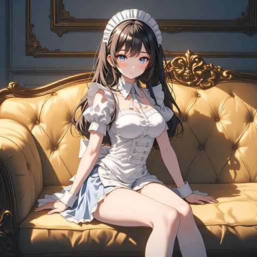 The image depicts a detailed anime-style illustration of a young woman seated on a luxurious gold-colored sofa. The sofa features an ornate, golden frame with intricate designs, including a fleur-de-lis motif at the top. The backrest of the sofa is tufted, with buttons creating a pattern of diamond shapes. The woman is dressed in a white maid outfit, complete with a short skirt and a corset-like top. She has long, dark brown hair that cascades down her back, and she wears a white cap resembling a traditional maid's headdress. Her large, expressive blue eyes and small mouth are highlighted by a slight blush on her cheeks. The background showcases a gray wall adorned with a gold-framed picture, adding to the overall elegance of the scene.