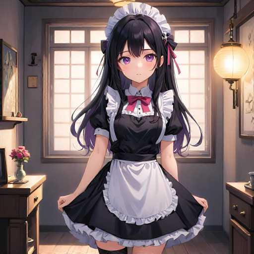 In this detailed anime-style illustration, a young woman stands in the center of a room, exuding a sense of elegance and grace. She is dressed in a traditional maid outfit, featuring a black dress with white frills and a white apron. Her attire is complemented by a white cap adorned with a red ribbon, and a red bow tie at the neckline. The character has long, flowing black hair with subtle purple highlights, and her striking purple eyes add to her captivating appearance. She holds the bottom of her dress with both hands, revealing a hint of her legs.

The room around her is meticulously detailed. To the left, there is a small table with a vase filled with pink flowers, adding a touch of color to the scene. On the right side, a wooden dresser stands against the wall, and a yellowish lantern hangs from the ceiling, casting a warm glow. The background features a large window with a grid pattern, allowing light to filter into the room. The walls are painted a soft gray, and the floor is made of brown wood, enhancing the cozy and inviting atmosphere of the space.