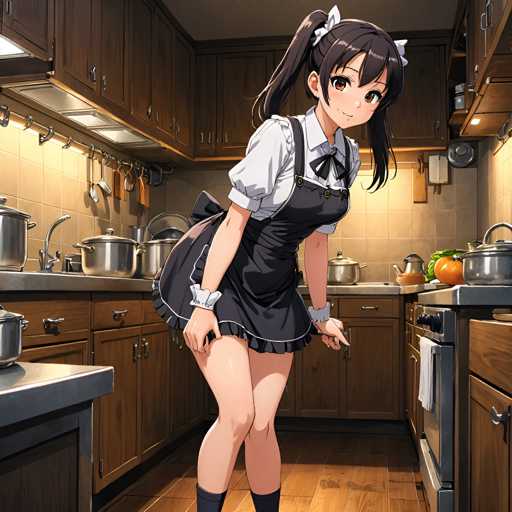 A young girl with long brown hair and a black dress stands in the center of a kitchen, holding a knife over her head as she looks down at it. The kitchen is filled with various pots and pans hanging on the wall above the stove, and there are several oranges scattered around the countertop.