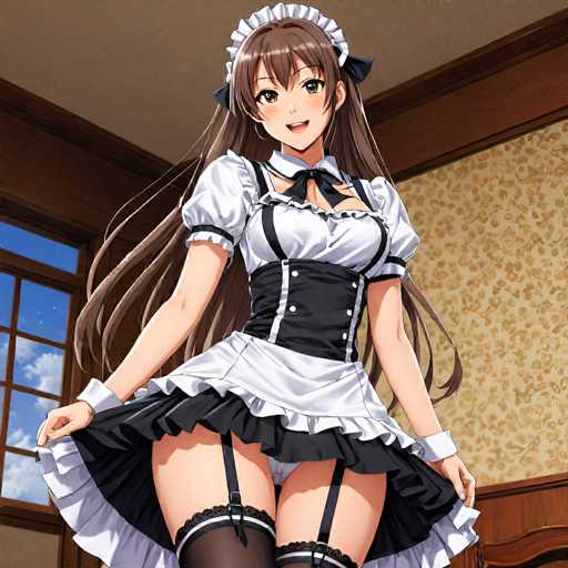 In this detailed anime-style illustration, a young woman with long brown hair cascading down to her waist stands confidently in a room. She is dressed in a classic maid outfit, featuring a white top with short sleeves and a black corset that accentuates her figure. The ensemble includes a white skirt with a black underlayer, and she has black stockings that add to her allure. She holds the skirt open with both hands, revealing her thighs. Her head is adorned with a white maid's hat, and she has striking brown eyes and a small, charming smile. The room around her has a warm, inviting atmosphere with yellow wallpaper decorated with brown floral patterns. A window on the left side of the room allows natural light to filter in, enhancing the cozy ambiance.