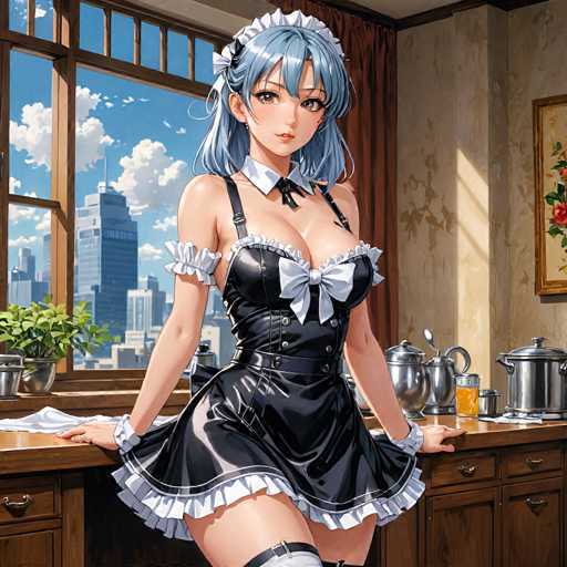 This image features a detailed illustration of an anime-style woman with striking blue hair. She is dressed in a black maid outfit adorned with white frills at the bottom, around her sleeves, and on her collar. A black bow tie accentuates her neck, and a white bow tie is positioned over her chest. The woman's attire includes black straps over her shoulders and a black belt around her waist. She is posed with her hands resting on a wooden countertop, which is situated in front of a window. The window offers a view of a cityscape with tall buildings and a blue sky dotted with white clouds. On the countertop, there are several silver pots and a jar filled with a yellow substance. The wall behind her is decorated with a gold-framed picture, adding an elegant touch to the scene.