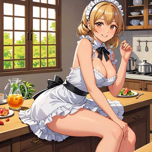 In this detailed anime-style illustration, a young woman with light brown hair styled in a bob sits on a kitchen counter. She is dressed in a revealing maid outfit, which includes a short dress with a frilly collar, a black bow tie, and a black belt around her waist. The dress is designed with a low neckline, showcasing her cleavage, and features a frilly hem at the bottom. She wears a white maid's cap with a black band, and her expression is one of a smile as she gazes directly at the viewer.

The kitchen setting around her is meticulously detailed. To her right, there is a plate with a piece of fruit, possibly an apple or a pear, and a fork. Behind her, a stove with a silver pot sits on the counter, accompanied by a silver spoon hanging from a rack. Above the stove, a wooden cabinet holds various kitchen items, including a white pitcher, a white bowl, a blue bowl, and a blue cup. To her left, a window with a brown frame reveals a view of green trees outside. Below the window, a plant adds a touch of greenery to the scene. On the counter, there is a glass pitcher filled with a yellowish liquid, possibly tea, and a white cup with a brown handle. Additionally, a plate with more cut-up fruit is placed on the counter, completing the domestic and inviting atmosphere of the kitchen.