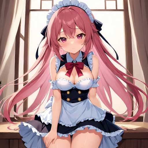 This image features an anime-style drawing of a young woman with long, flowing pink hair that cascades down to her waist. She has striking pink eyes and is dressed in a maid outfit. The top of her dress is white, adorned with a red bow tie at the neckline. The lower part of her dress is black, featuring four gold buttons down the front. She is seated on a brown table, with her hands resting on her thighs. Behind her, a large window with brown trim and partially drawn curtains allows light to filter through, creating a serene backdrop. The overall composition highlights the character's delicate features and the intricate details of her attire.
