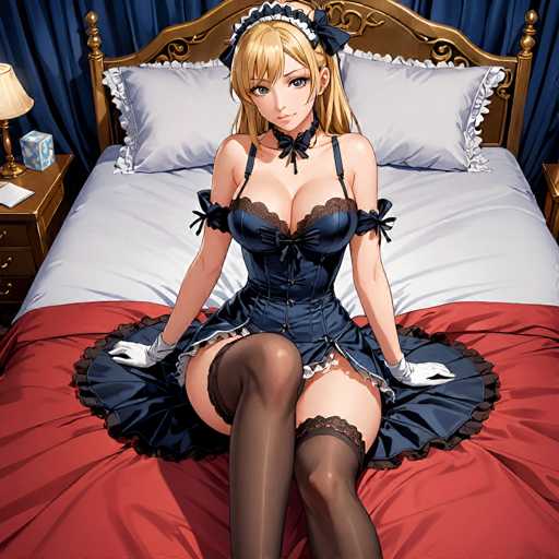 In this detailed anime-style illustration, a young woman with long blonde hair and bangs sits on a bed, exuding a sense of elegance and allure. She is dressed in a dark blue maid outfit that features a frilly skirt, a bustier top, and a bow tie around her neck. Her ensemble is complemented by white gloves, black stockings, and a blue bonnet with a white trim. The bed she sits on is adorned with a red bedspread and white sheets, and it has a brown headboard. Behind her, two white pillows with ruffles add to the cozy setting. To the left of the bed, a brown nightstand holds a blue tissue box and a lamp with a white shade, casting a soft glow. The backdrop of the scene is completed with blue curtains, enhancing the overall serene and intimate atmosphere.