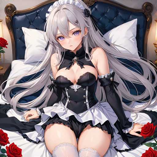 In this captivating image, a young woman with long, flowing gray hair adorned with a black rose sits gracefully on a bed. She wears a classic maid outfit, complete with a white cap, a black corset, and a white skirt. Her ensemble is accentuated by black gloves that extend up to her elbows, and she sports thigh-high stockings. The bed she sits on is covered with a pristine white sheet, and it features a blue headboard with a brown frame. Surrounding her are several white pillows, and the bed is further decorated with red roses placed in each corner. The scene is illuminated by a soft light emanating from a lamp positioned on a nightstand to the left. The wall behind the bed is painted a light gray, adding to the serene and elegant atmosphere of the room.