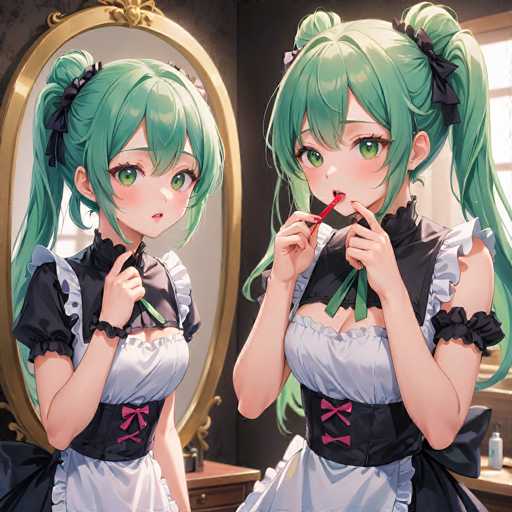 A cute anime girl with vibrant green hair, wearing a black and white maid outfit, is playfully examining her reflection in a vintage-style mirror. She's holding a red lipstick and looks like she's about to apply it, with a sweet and slightly mischievous expression. The background is a cozy room with a dark wooden dresser and a soft, warm lighting. The overall style is detailed and charming, typical of anime art.