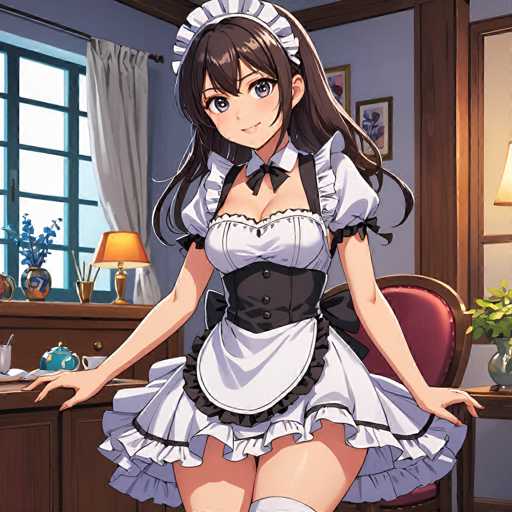 The image depicts a detailed, anime-style illustration of a young woman standing in a room. She is dressed in a revealing maid outfit, consisting of a short skirt with frills at the bottom, a black corset, and a white apron. Her attire also includes a white collar, a black bow tie, and a white cap with frills. The character has long brown hair, large blue eyes, and is smiling directly at the viewer. She is positioned with her hands on a wooden desk, which holds a blue teapot and a white coffee cup. Behind her, there is a wooden chair with a red cushion. The room features a window with a white curtain, a lamp with a yellow shade, and a vase with blue flowers. The walls are painted blue, and there are two framed pictures hanging on the wall. The overall scene is well-lit, highlighting the intricate details of the character and her surroundings.