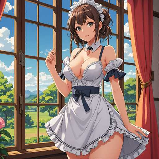 In this captivating image, a young woman stands gracefully in front of a large window, framed by elegant red curtains. She is dressed in a classic maid outfit, complete with a white dress adorned with blue accents, including a blue belt and blue frills on the sleeves. Her ensemble is topped off with a traditional white maid's cap. The woman has long brown hair, styled with bangs that partially cover her forehead, and the rest of her hair is neatly tied up. She has striking blue eyes and a serene expression as she gazes directly at the camera. With one hand, she holds the skirt of her dress, revealing her legs, while the other hand is raised in a poised gesture. The window behind her offers a picturesque view of a lush green landscape, dotted with trees and distant mountains, under a clear blue sky. The scene is further enriched by the presence of a pink flower in the bottom left corner, adding a touch of color to the serene setting.