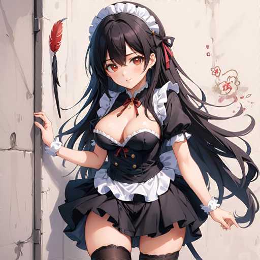 The image depicts a detailed drawing of an anime-style woman with long, dark hair cascading down her back. She is dressed in a revealing maid outfit, predominantly black with white accents. The ensemble includes a short skirt, a corset, and a white collar, complemented by white cuffs on her sleeves. A red ribbon adorns her neck, and a red bow is positioned at the back of her head. The woman's eyes are a striking orange, and she has a fair complexion. She is leaning against a white wall, with her right hand resting on a vertical metal bar that features a red feather at its top. The background is simple, focusing attention on the character.