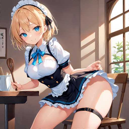 In this detailed anime-style illustration, a young woman with short blonde hair and large blue eyes is depicted in a kitchen setting. She is wearing a maid outfit that accentuates her curvaceous figure, featuring a low-cut top and a short skirt. The outfit is predominantly white with black accents, including a black corset-like belt and a blue ribbon tied around her neck. She is also wearing a white headband with a black ribbon and a black bow. 

The woman is standing in front of a wooden table, holding a wooden spoon in her right hand, which is placed in a white pitcher. Her left hand is resting on her hip, and she is slightly bent over, gazing directly at the viewer. A black garter is visible on her left leg. 

The background includes a wooden chair to her right, a window with a wooden frame, and a white wall. On the wall, there is a framed picture with a brown border and black text in a foreign language. The overall scene captures a blend of domesticity and sensuality, characteristic of anime art styles.